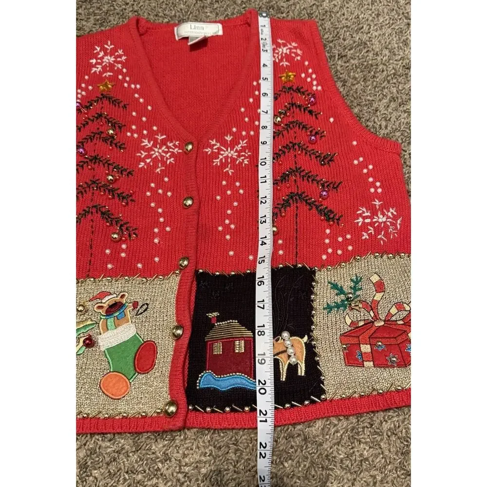 VTG Lisa International Sz PM Ugly Christmas Sweater Vest‎ Real Jingle Bells Snow